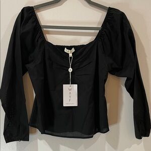 WAYF Women's Elegant Black Blouse Cinched Button Long Sleeve Sz Small NWT